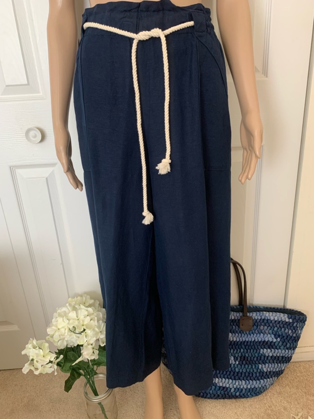 LOFT Linen Wide-Leg Rope Drawstring Elastic Waist Pockets High Rise Pants Sz PL
